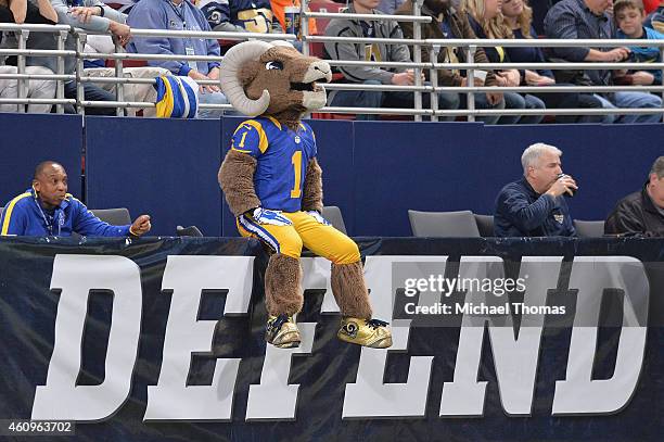St. Louis Rams mascot Rampage during a game between the St. Louis Rams and the New York Giants at the Edward Jones Dome on December 21, 2014 in St....