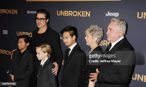Pax Thien Jolie-Pitt, actor Brad Pitt, Shiloh Nouvel Jolie-Pitt, Maddox Jolie-Pitt, Jane Pitt and William Pitt attend the 'Unbroken' Los Angeles...