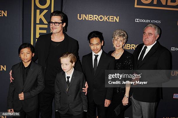 Pax Thien Jolie-Pitt, actor Brad Pitt, Shiloh Nouvel Jolie-Pitt, Maddox Jolie-Pitt, Jane Pitt and William Pitt attend the 'Unbroken' Los Angeles...