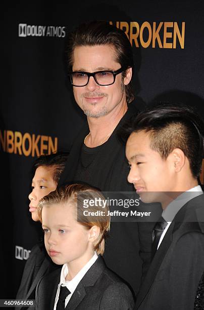 Actor Brad Pitt, Pax Thien Jolie-Pitt, Shiloh Nouvel Jolie-Pitt and Maddox Jolie-Pitt attend the 'Unbroken' Los Angeles premiere held at the Dolby...