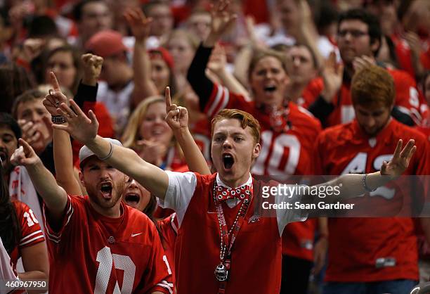 Ohio State Buckeyes fans cheer during the All State Sugar Bowl against the Alabama Crimson Tide at the Mercedes-Benz Superdome on January 1, 2015 in...