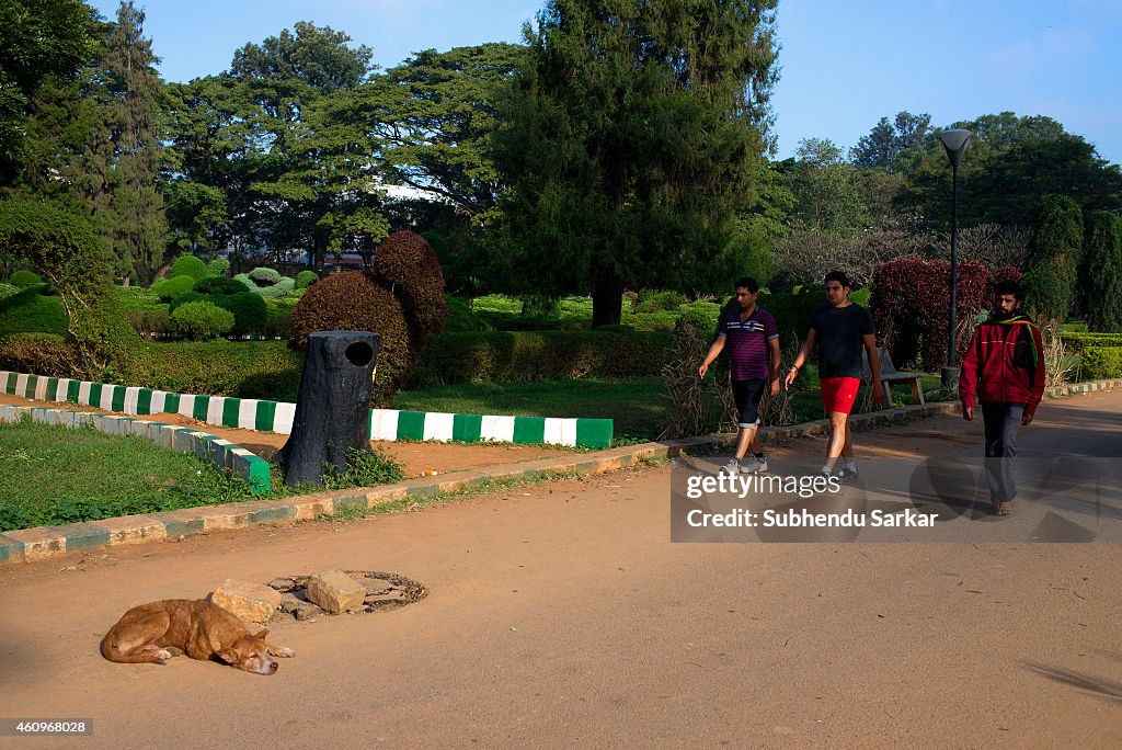 People of Bangalore walk at the sprawling Lalbagh Botanical...