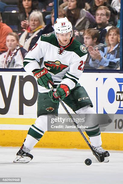 Brett Sutter of the Minnesota Wild skates against the Columbus Blue Jackets on December 31, 2014 at Nationwide Arena in Columbus, Ohio. Columbus...