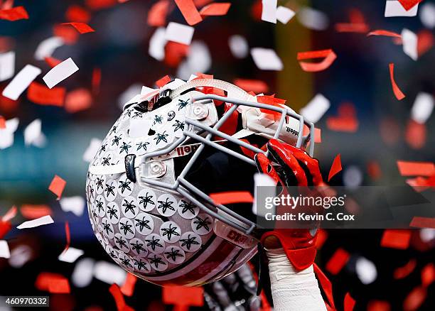 Detailed view of the helmet of Armani Reeves of the Ohio State Buckeyes celebrating after defeating the Alabama Crimson Tide in the All State Sugar...