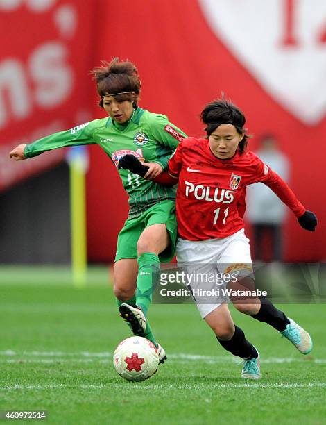 Michi Goto of Urawa Reds Ladies and Rin Sumida of Nippon TV Beleza compete for the ball during the 36th Emperess's Cup final match between NIPPON TV...