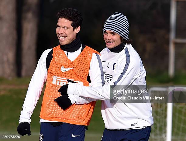 Hernanes and Dodo during the FC Internazionale Training Session at Appiano Gentile on January 02, 2015 in Como, Italy.