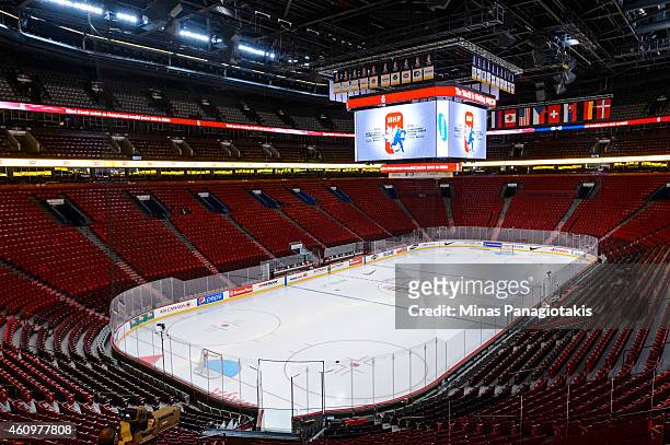 An empty Bell Centre with the IIHF logo displayed on the screen prior to the 2015 IIHF World Junior Hockey Championship game between Team Germany and...