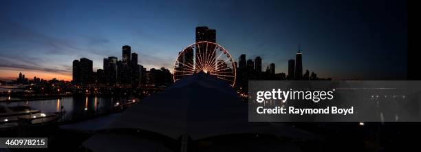 Panoramic view of the Chicago skyline, as photographed from the Navy Pier parking garage in Chicago, Illinois on NOVEMBER 19, 2013.