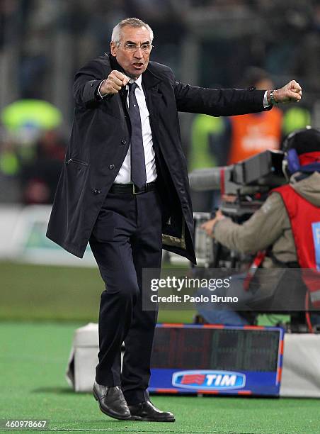 Lazio head coach Edoardo Reja celebrates the opening goal scored by Miroslav Klose during the Serie A match between SS Lazio and FC Internazionale...
