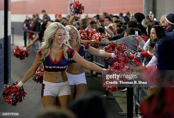 Houston Texans cheerleaders shake hands with fans before the Houston Texans played the Jacksonville Jaguars in a NFL game on December 28, 2014 at NRG...