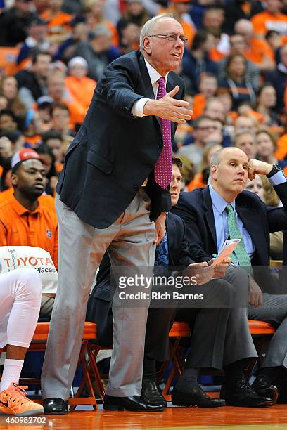 Head coach Jim Boeheim of the Syracuse Orange reacts to a play against the Long Beach State 49ers during the second half at the Carrier Dome on...