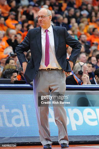 Head coach Jim Boeheim of the Syracuse Orange reacts to a call against the Long Beach State 49ers during the second half at the Carrier Dome on...