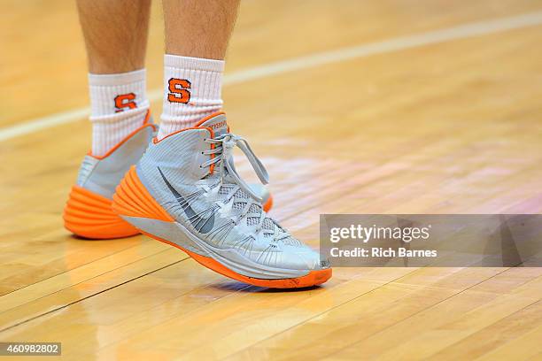 General view of a pair of Nike sneakers worn by a Syracuse Orange manager prior to the game against the Long Beach State 49ers at the Carrier Dome on...
