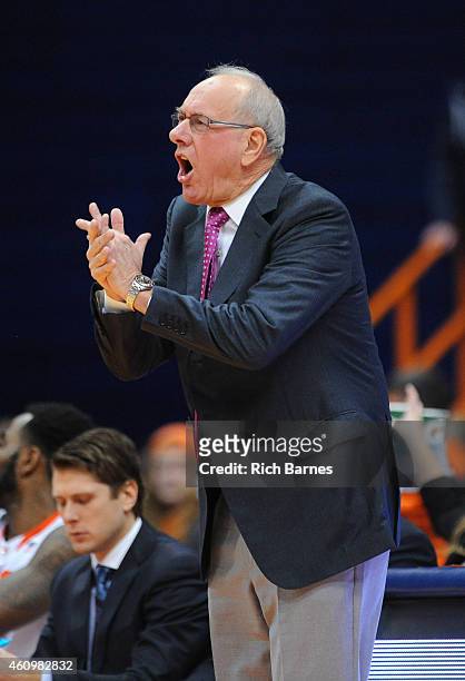 Head coach Jim Boeheim of the Syracuse Orange reacts to a play against the Long Beach State 49ers during the first half at the Carrier Dome on...