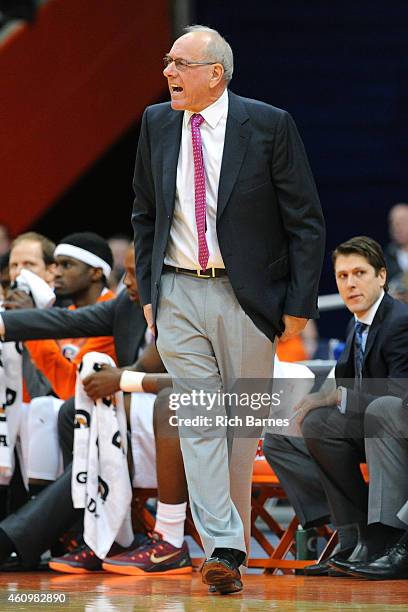 Head coach Jim Boeheim of the Syracuse Orange reacts to a call against the Long Beach State 49ers during the first half at the Carrier Dome on...