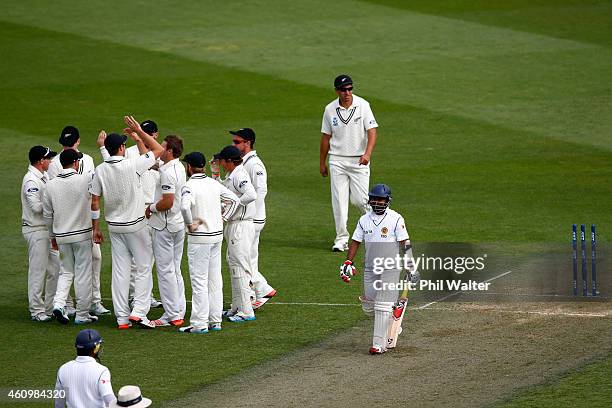 New Zealand celebrates the dismissal of Kaushal Silva of Sri Lanka during day one of the Second Test match between New Zealand and Sri Lanka at Basin...