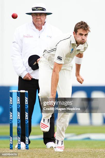 Tim Southee of New Zealand bowls during day one of the Second Test match between New Zealand and Sri Lanka at Basin Reserve on January 3, 2015 in...