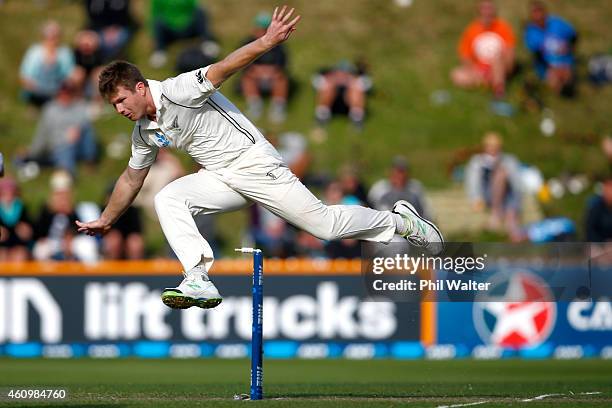 James Neesham of New Zealand attempts a runout during day one of the Second Test match between New Zealand and Sri Lanka at Basin Reserve on January...
