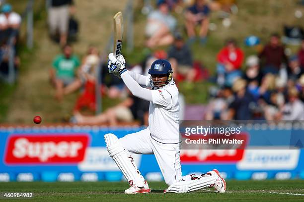 Kumar Sangakkara of Sri Lanka bats during day one of the Second Test match between New Zealand and Sri Lanka at Basin Reserve on January 3, 2015 in...