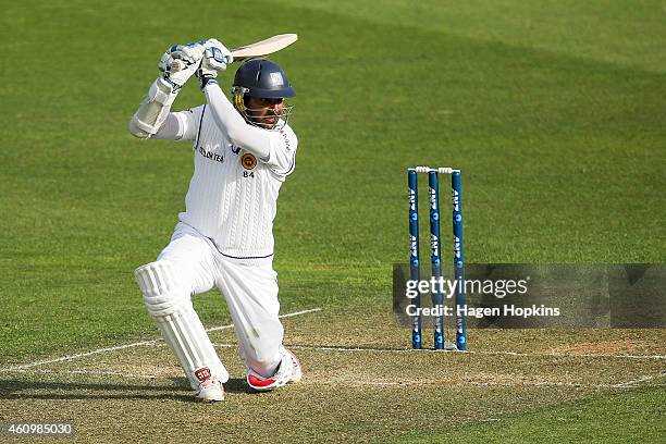 Kumar Sangakkara of Sri Lanka bats during day one of the Second Test match between New Zealand and Sri Lanka at Basin Reserve on January 3, 2015 in...