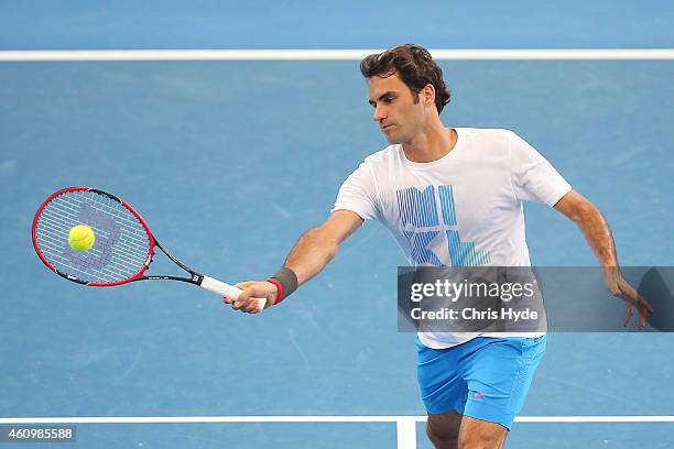 Roger Federer plays a forehand during a practise session ahead of the 2015 Brisbane International at Queensland Tennis Centre on January 3, 2015 in...