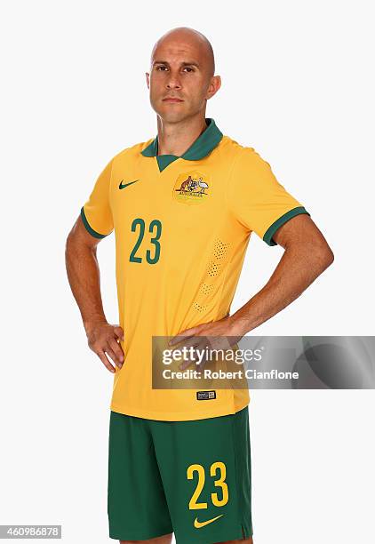 Mark Bresciano of Australia poses during an Australian Socceroos headshot session at the InterContinental Hotel, on January 3, 2015 in Melbourne,...