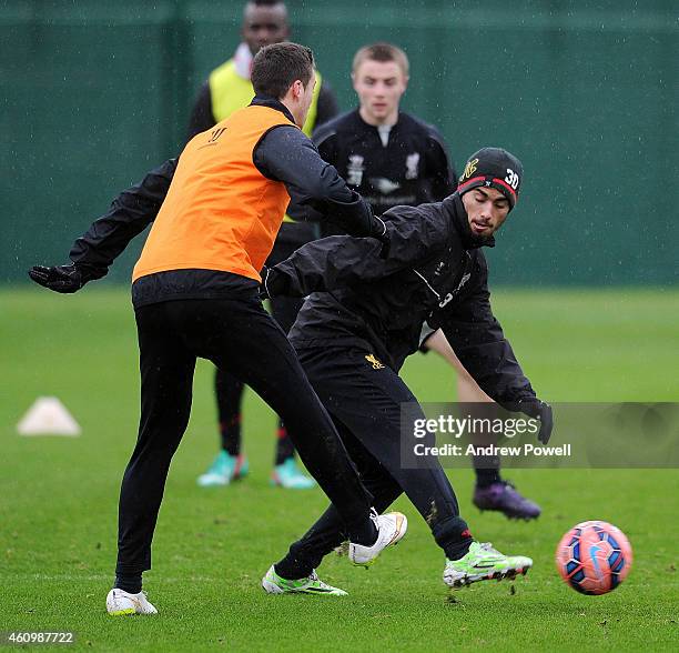 Suso of Liverpool in action during a training session at Melwood Training Ground on January 3, 2015 in Liverpool, England.