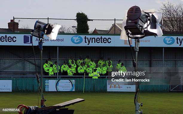 Police officers hold a breifing before the FA Cup third round match between Blyth Spartans and Birmingham City at Croft Park on January 03, 2015 in...