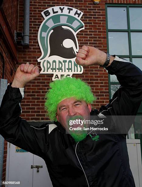 Blyth Spartans supporter before the FA Cup third round match between Blyth Spartans and Birmingham City at Croft Park on January 03, 2015 in Blyth,...