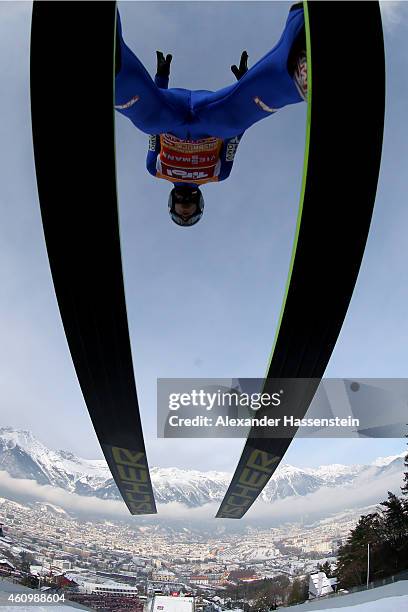 Michael Hayboeck of Austria competes on day 5 of the Four Hills Tournament Ski Jumping event at Bergisel-Schanze on January 3, 2015 in Innsbruck,...