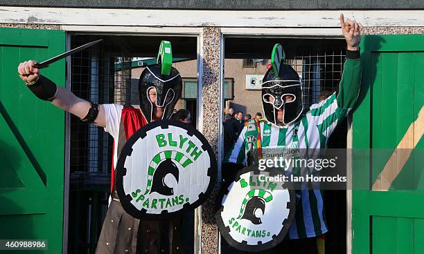 Blyth Spartans fans poses before the FA Cup third round match between Blyth Spartans and Birmingham City at Croft Park on January 03, 2015 in Blyth,...