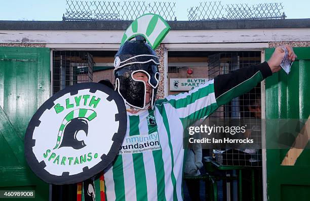 Blyth Spartans fans celebrate before the FA Cup third round match between Blyth Spartans and Birmingham City at Croft Park on January 03, 2015 in...