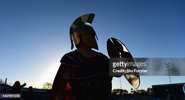 Blyth fans poses with his helmet and shield before the FA Cup Third Round match between Blyth Spartans and Birmingham City at Croft Park on January...