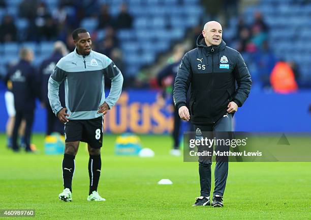 Steve Stone, joint caretaker manager of Newcastle United looks on with Vurnon Anita in the warm up prior to the FA Cup Third Round match between...