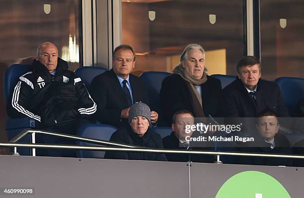 New head coach of West Bromwich Albion Tony Pulis, Dave Kemp, Gerry Francis and West Bromwich Albion Technical Director Terry Burton look on from the...