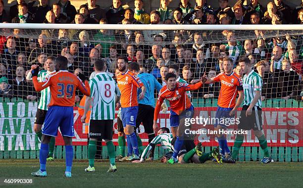 Nikola Zigic of Birmingham scores, but see's the goal ruled out for a foul during the FA Cup third round match between Blyth Spartans and Birmingham...