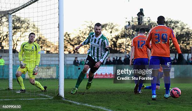 Blyth player Robert Dale celebrates after scoring the opening goal during the FA Cup Third Round match between Blyth Spartans and Birmingham City at...