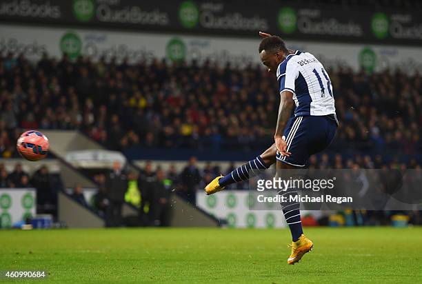 Saido Berahino of West Bromwich Albion scores their first goal during the FA Cup Third Round match between West Bromwich Albion and Gateshead at The...