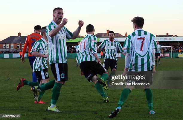 Robert Dale of Blyth Spartans celebrates with his team-mates after scoring the first goal during the FA Cup third round match between Blyth Spartans...