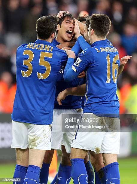 Leonardo Ulloa of Leicester City celebrates scoring to make it 1-0 during the FA Cup Third Round match between Leicester City and Newcastle United at...