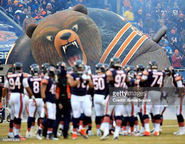 The Chicago Bears take the field prior to the game against the Detroit Lions at Soldier Field on December 21, 2014 in Chicago, Illinois.