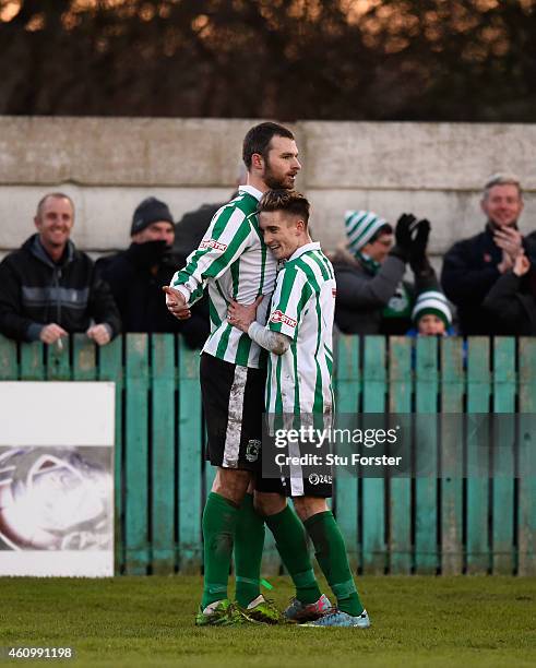 Blyth player Robert Dale celebrates his second goal with Jarrett Rivers during the FA Cup Third Round match between Blyth Spartans and Birmingham...