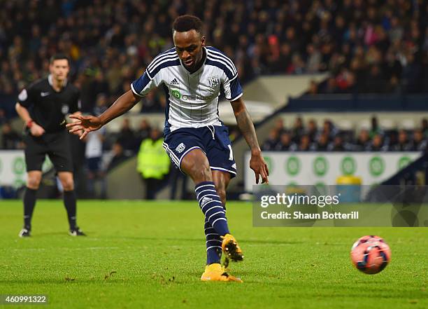 Saido Berahino of West Bromwich Albion scores their fourth goal and completes his hat-trick during the FA Cup Third Round match between West Bromwich...