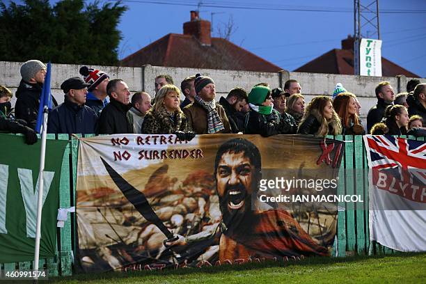 Blyth Spartans' supporters watch the English FA Cup third round football match between Blyth Spartans and Birmingham City at Croft Park Stadium in...