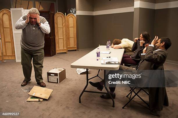 Second Chunce" Episode 610 -- Pictured: Jim O'Heir as Jerry Gergich, Chris Pratt as Andy Dwyer, Aubrey Plaza as April Ludgate, Aziz Ansari as Tom...