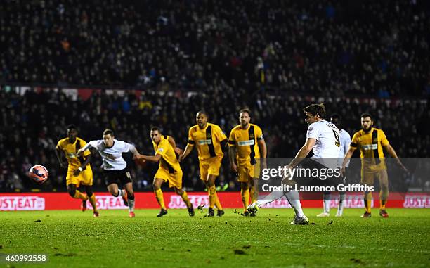 Chris Martin of Derby scores the winning goal from the penalty spot during the FA Cup Third Round match between Derby County and Southport FC at iPro...