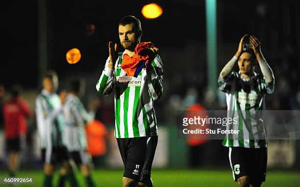 Blyth captain Robert Dale Jarrett Rivers applaud the crowd after the FA Cup Third Round match between Blyth Spartans and Birmingham City at Croft...