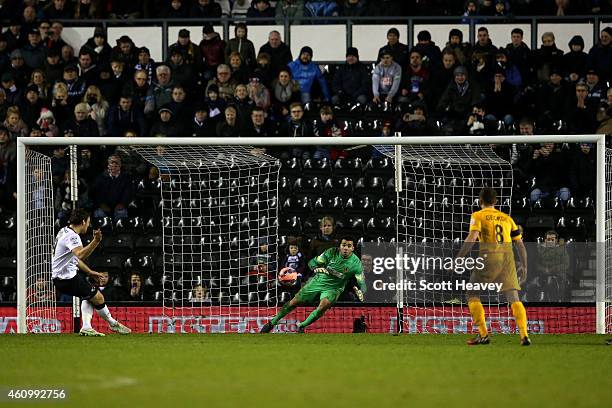 Chris Martin of Derby scores the winning goal from the penalty spot past David Raya Martin of Southport during the FA Cup Third Round match between...