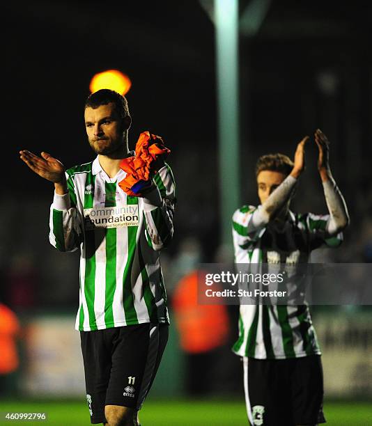 Blyth captain Robert Dale Jarrett Rivers applaud the crowd after the FA Cup Third Round match between Blyth Spartans and Birmingham City at Croft...