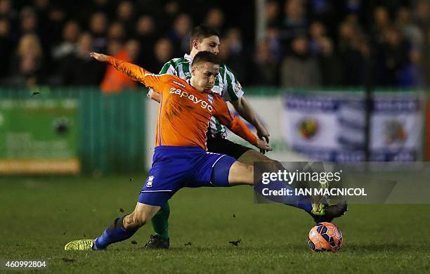 Birmingham City's English defender Mitch Hancox vies with Blyth Spartans' English defender Jordan Watson during the English FA Cup third round...